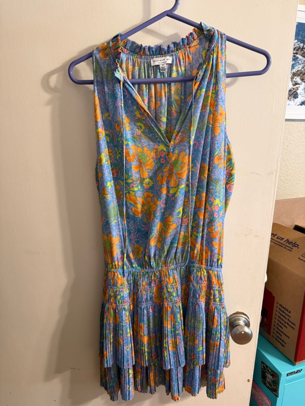 Current Air Floral Ruffled Sundress in Blue, Orange & Pink